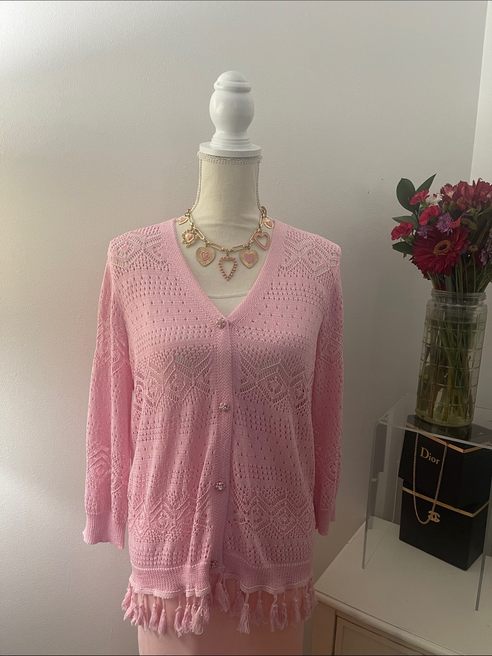 Pink Knit Fringe Button-Up Cardigan Sweater
